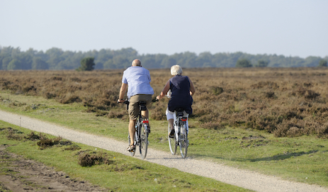 Man en vrouw die fietsen door natuurlandschap.