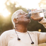 Sportende man drinkt uit bidon