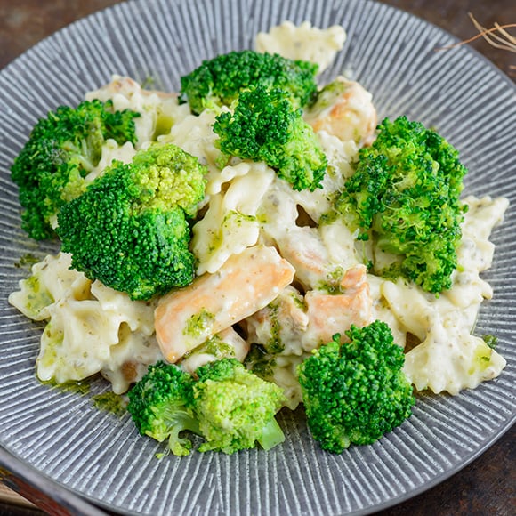 Bord farfalle met kip en groene pesto