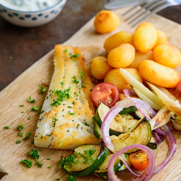 Heilbot met krieltjes en gegrilde groenten