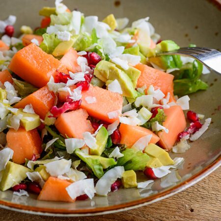 Salade meloen granaatappel en kokos