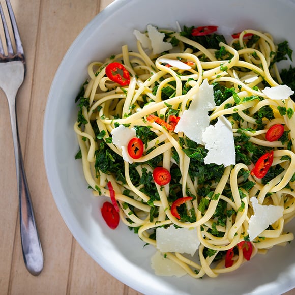 Volkoren spaghetti met boerenkool