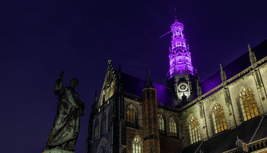 Grote of Sint Bavokerk paars verlicht