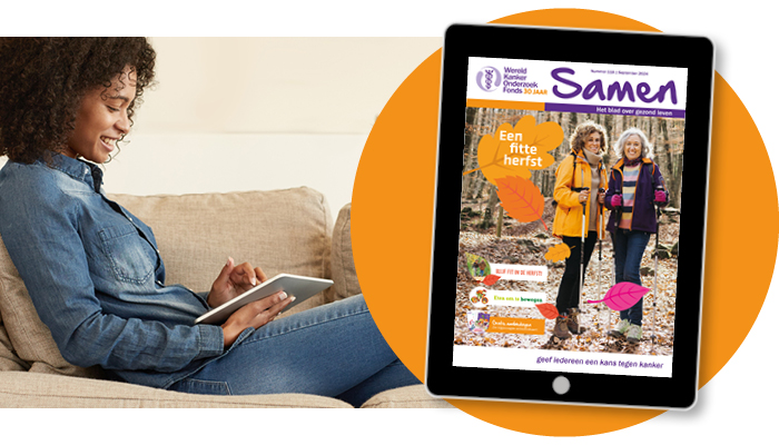 Dame ligt op bank met tablet in de hand