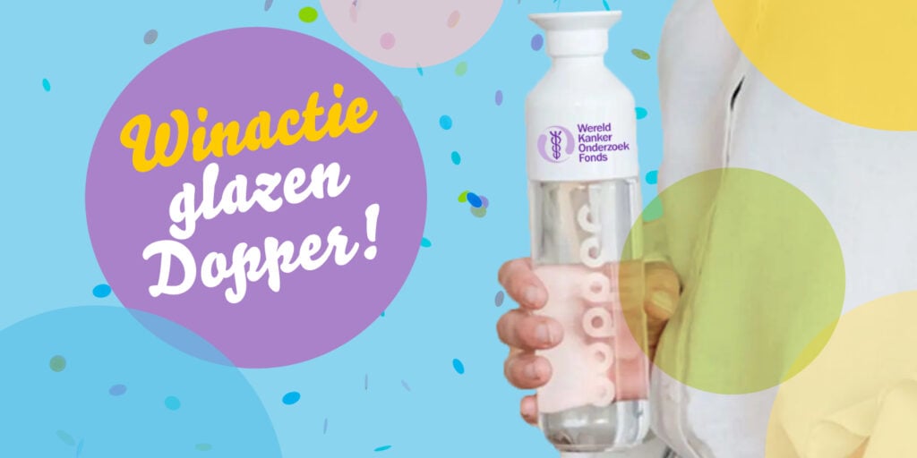Glazen Dopper fles met daarbij een tekstpanel 'Winactie glazen Dopper'