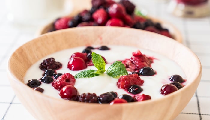 Bakje met yoghurt en vruchten