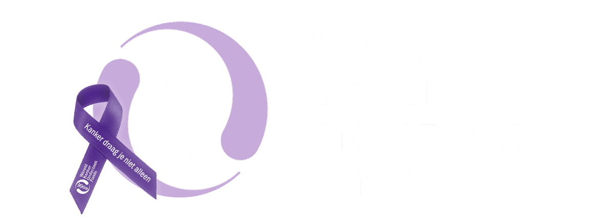 Logo Wereld Kanker Onderzoek Fonds met paars lintje erop