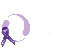 Logo van het Wereld Kanker Onderzoek Fonds, met het paarse lintje erop