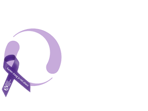 Logo van het Wereld Kanker Onderzoek Fonds, met het paarse lintje erop