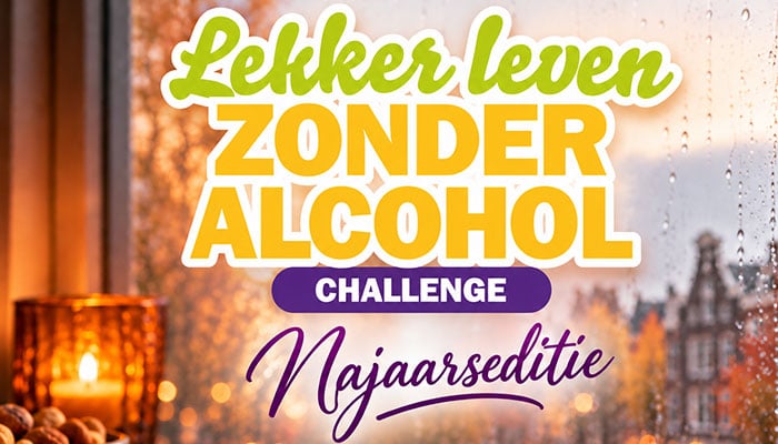 Afbeelding van raam, met uitzicht op een regenachtige Amsterdam. Met daarop de tekst Lekker leven zonder alcohol challenge - najaarseditie.