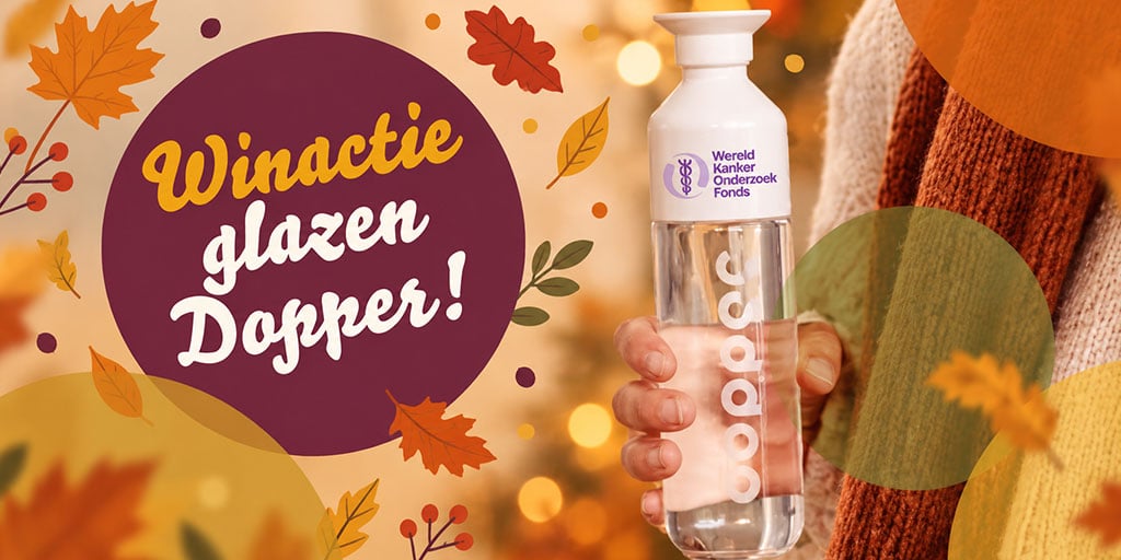 Afbeelding van glazen Dopper van het WKOF, in herfsthema. Met de tekst: Winactie, glazen Dopper!