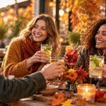 Groep vrienden met mocktails buiten, in het najaar