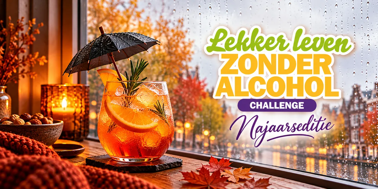Moctailglas met paraplu voor een raam met uitzicht op Amsterdam in de herfst